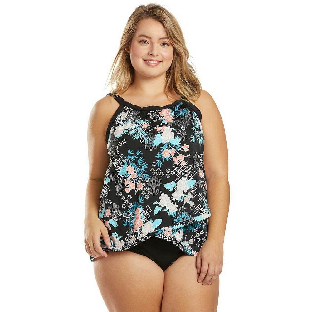 Penbrooke Bloom Town Crossover Hem Tummy Control Tankini One Piece Plus Size 20W